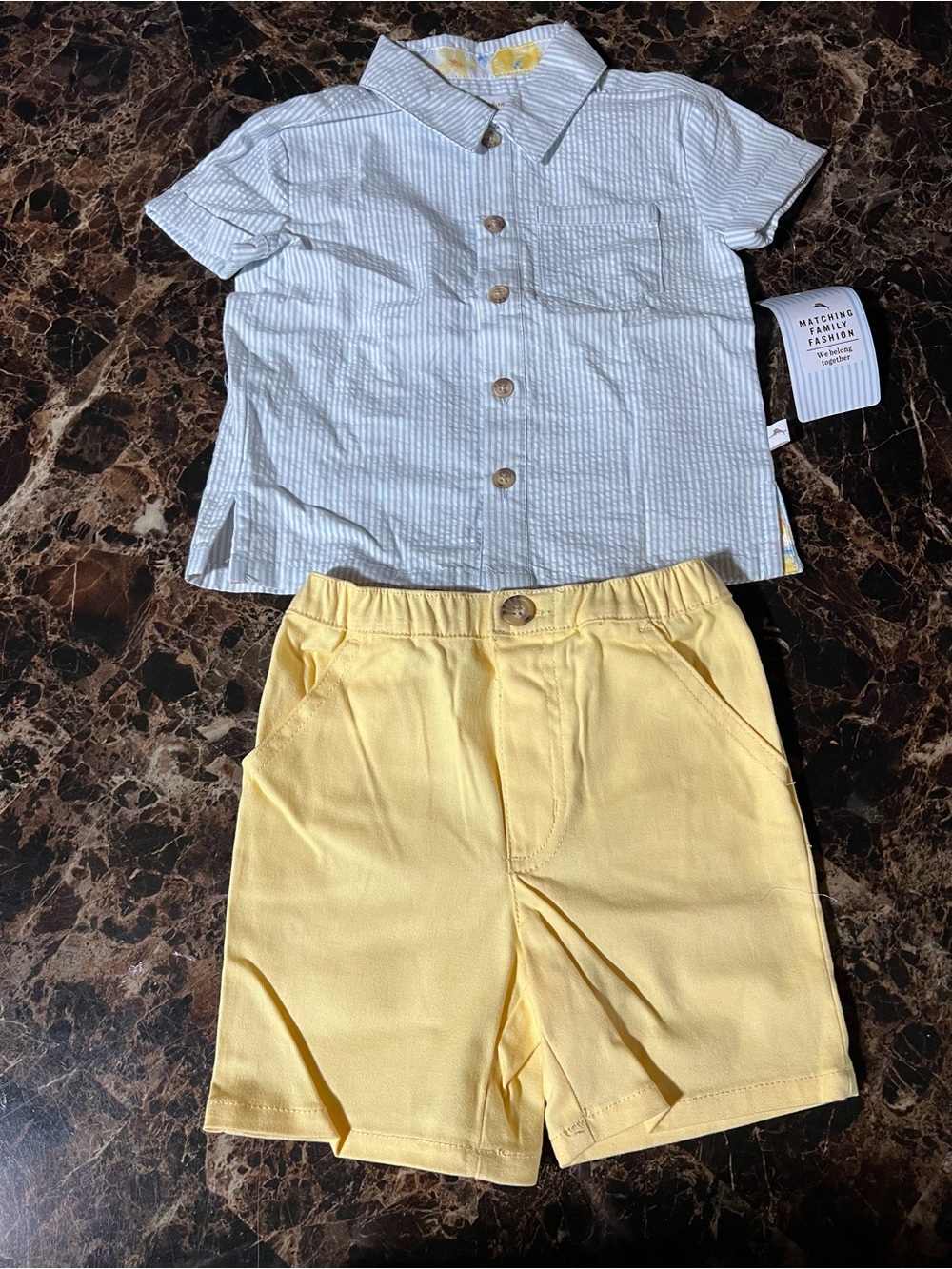 🌼Tommy Bahama Kids Set with Light Blue Striped Button Down Shirt & Yellow Shorts